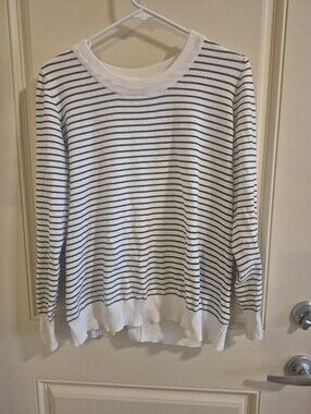 White and Black Striped Crewneck Sweater